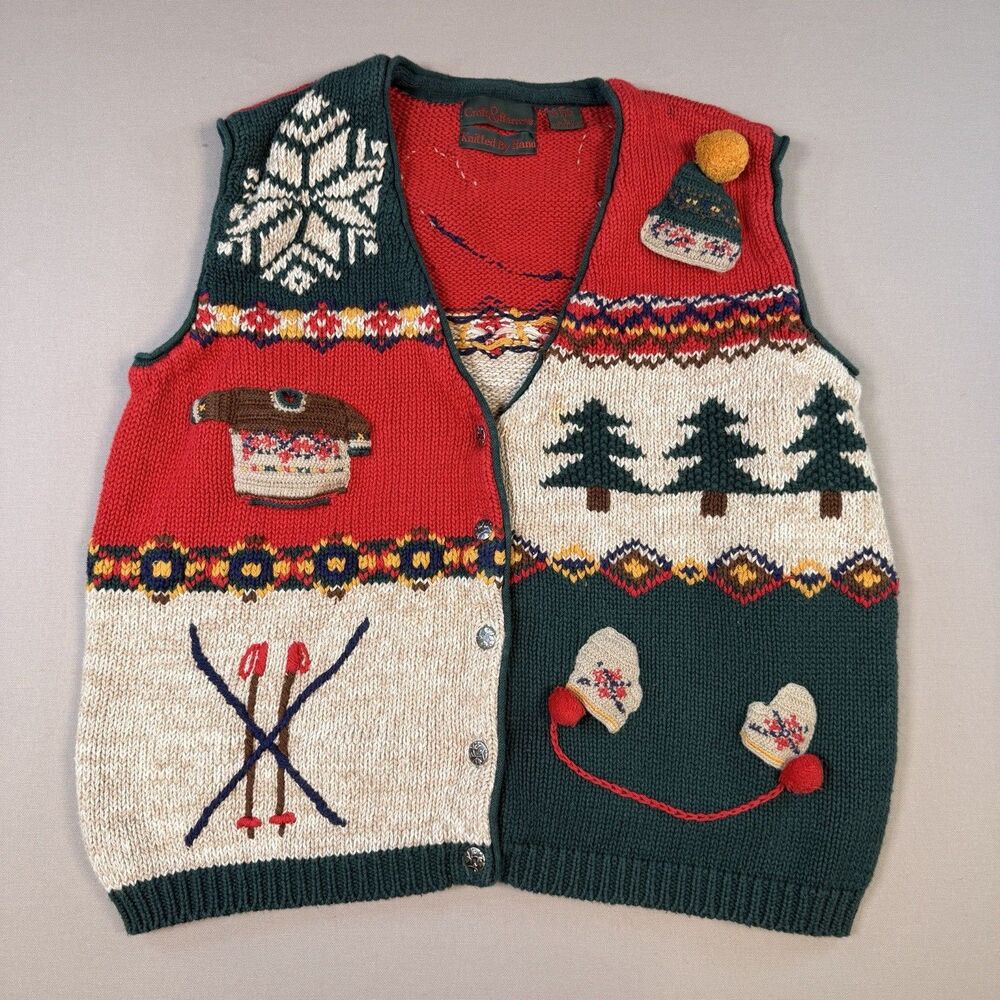 VTG Croft & Barrow Sweater Vest Women Large 90s Knit Winter Skiing Red & Green